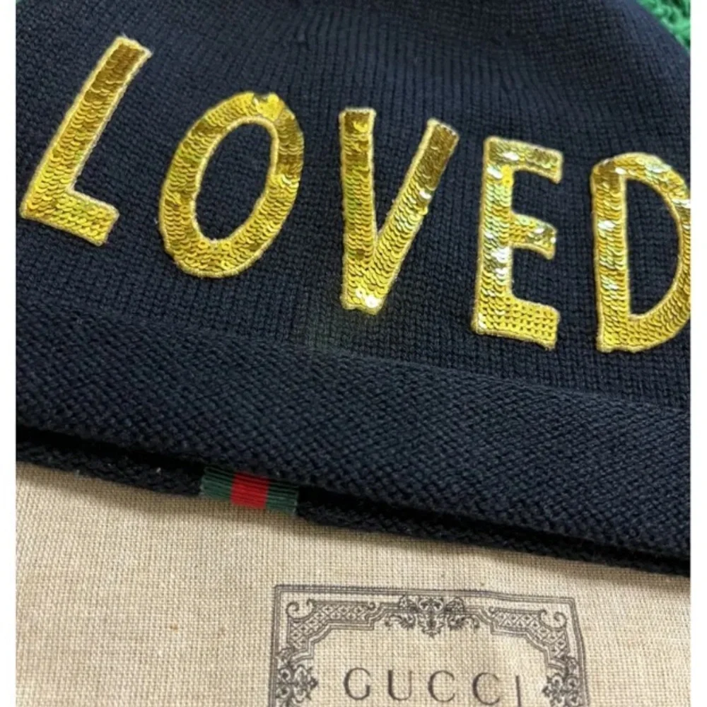 Gucci beanie hat with sequined LOVED decal on front